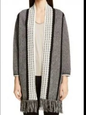 St. John Black, Gray & Cream Open-Front Fringe Knit Cardigan